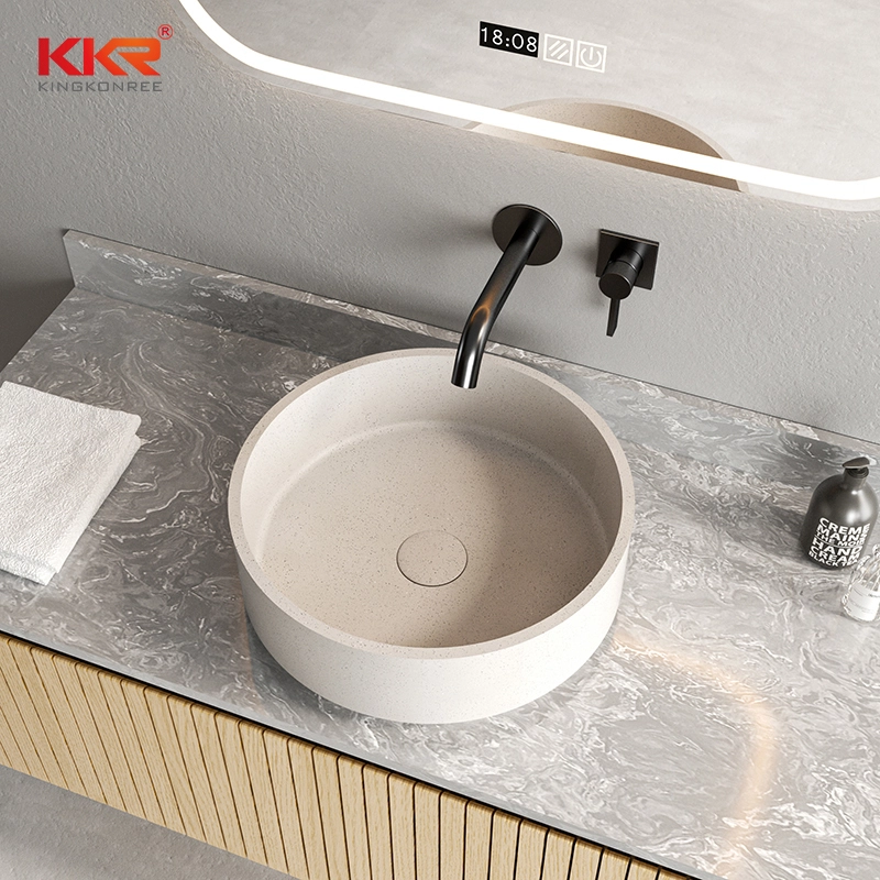 Lavabo de salle de bain en surface solide gris de luxe, élégant lavabo rond à poser pour intérieurs modernes 1