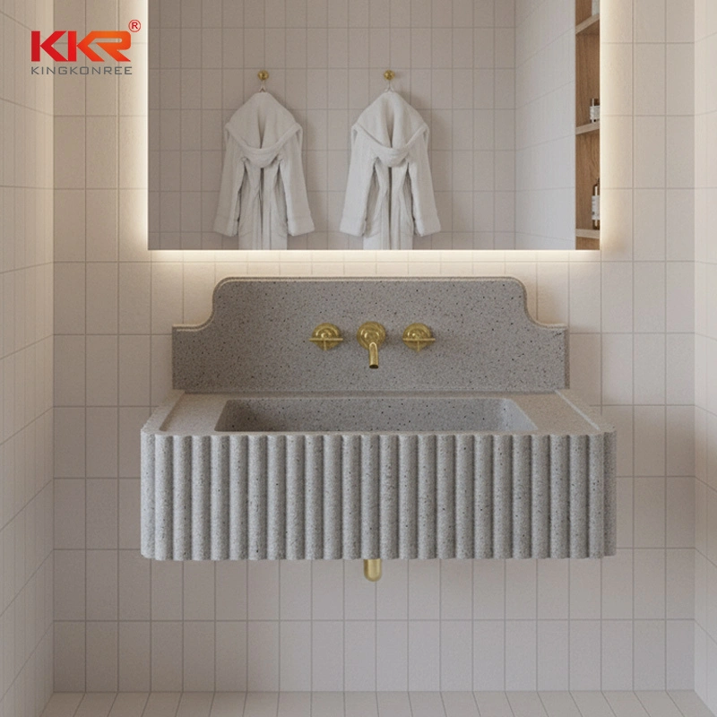 Lavabo de pared de superficie sólida acanalada de lujo, lavabo de baño personalizado con diseño de respaldo curvo de KKR 1