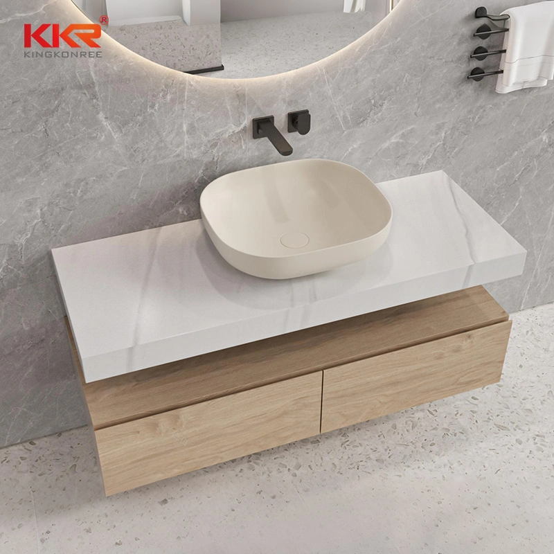 כיור אמבטיה מודרני משטח מוצק עם ארון עץ אלון צף, כיור אמבטיה מינימליסטי לתלייה על הקיר מבית KKR 1