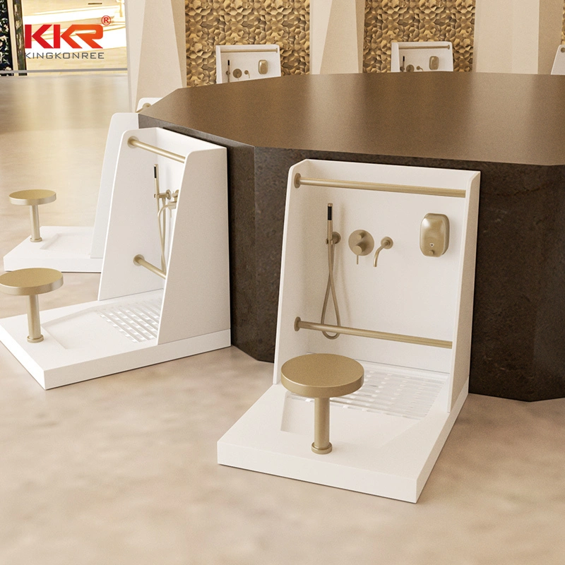 Estación de lavado Wudu de superficie sólida de primera calidad, lavabo higiénico para abluciones islámicas con asiento para lavapiés y pasamanos, unidad Wudu de mezquita para una ablución eficiente 1