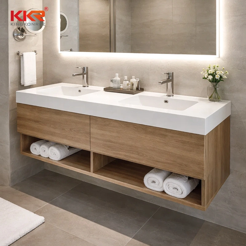 Hotel Bathroom Vanity Cabinet with Solid Surface Sink Custom Floating Vanity Supplier 1