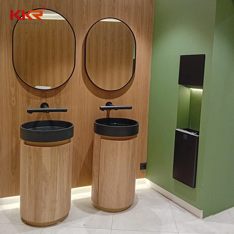 Moderno lavabo con piedistallo effetto legno, mobiletto per lavabo da bagno commerciale in stile scandinavo 1