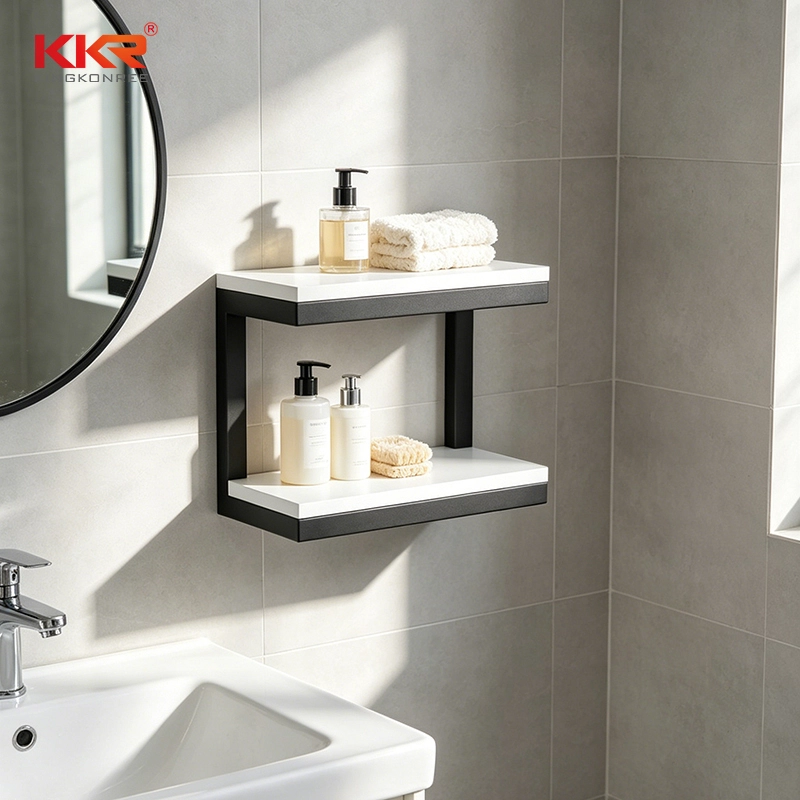 Modern Two-Tier Wall Mount Floating Bathroom Shelf  Black Iron Frame Gloss White Wall Storage Rack KKR-S0051 1