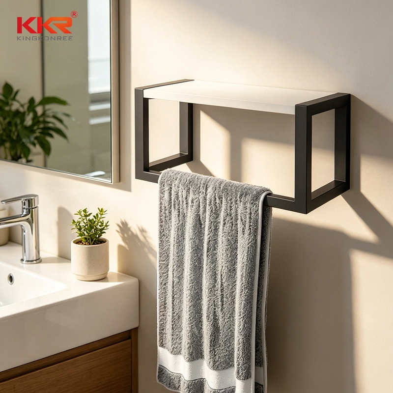 2-Tier Floating Wall Mount Bathroom Shel Minimalist White Board Storage Rack with Black Square Metal Frame KKR-S0191 1