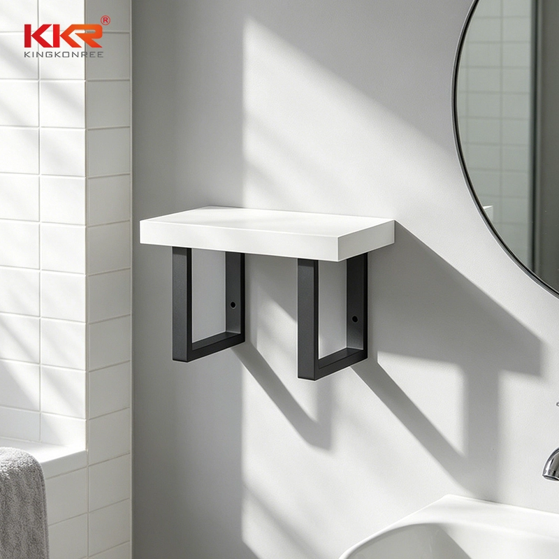 Wall-hung Bathroom Shelf Rack White Solid Surface Wall Shelving with Black U Bracket KKR-S0192 1