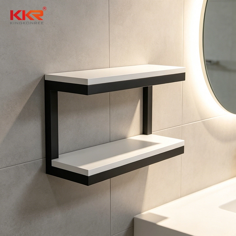 Two Layer Black Metal Frame White Floating Wall Bathroom Storage Shelf KKR-S0199 1