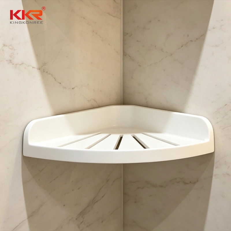 Estante esquinero de baño de pared, color blanco, de superficie sólida, para almacenamiento en la ducha. 1