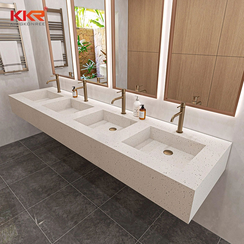 Commercial Solid Surface 4-Person Trough Sink Countertop Custom Terrazzo Floating Vanity 1