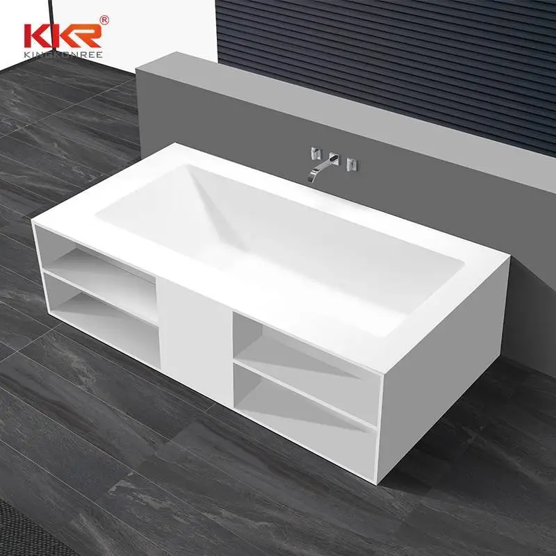 Parete rettangolare autoportante in Solid Surface contro la vasca da bagno con ripiani portaoggetti KKR-B069 1