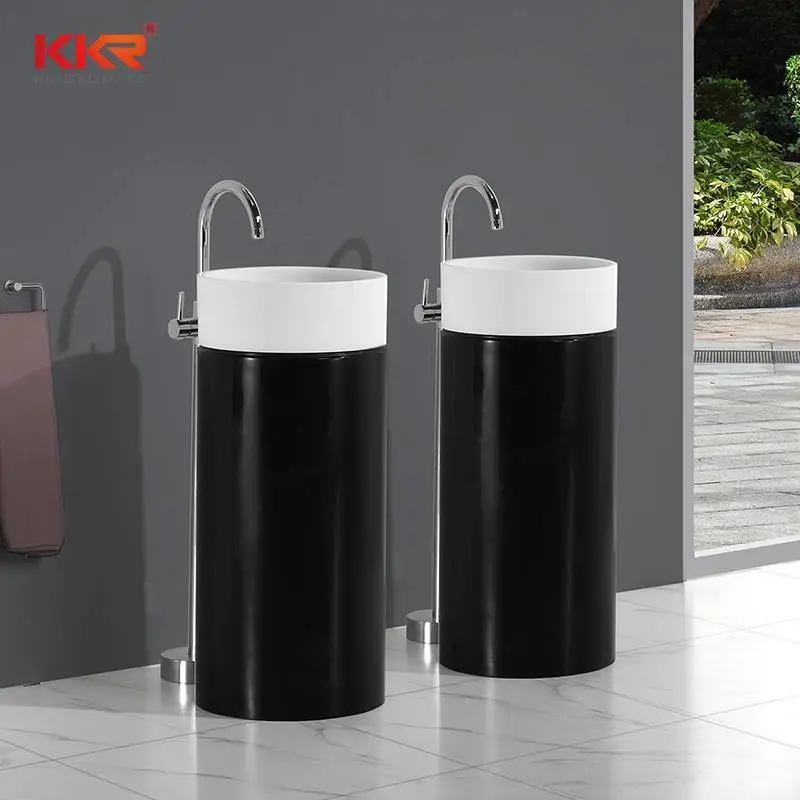 حوض غسيل مستدير قائم بذاته من حجر البوليمربل الأبيض + الأسود KKR-1386 1