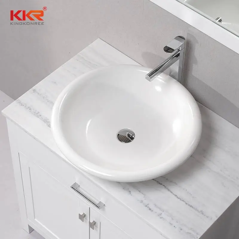 Lavabo in polimarmo a superficie solida bianca a forma di ciotola rotonda sopra il lavabo KKR-1050 1