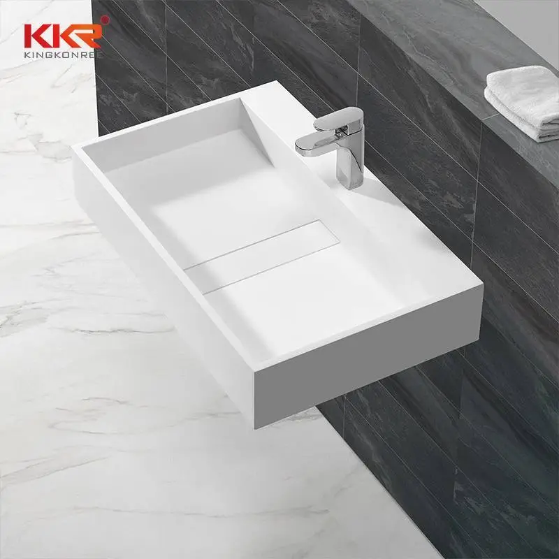 Best Sales White Marble Solid Surface Acrylic Stone Wall Mounted Wash Basin KKR-1337 1