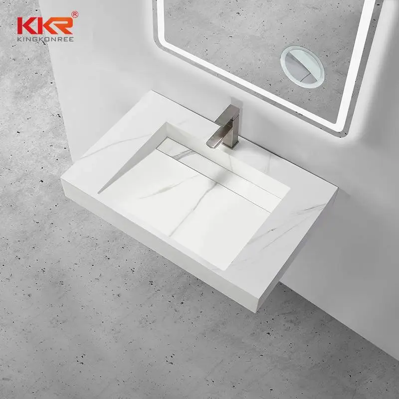Parede de superfície sólida de pedra artificial de cor de mármore pendurada pia de vaso de lavatório KKR-M8858 1