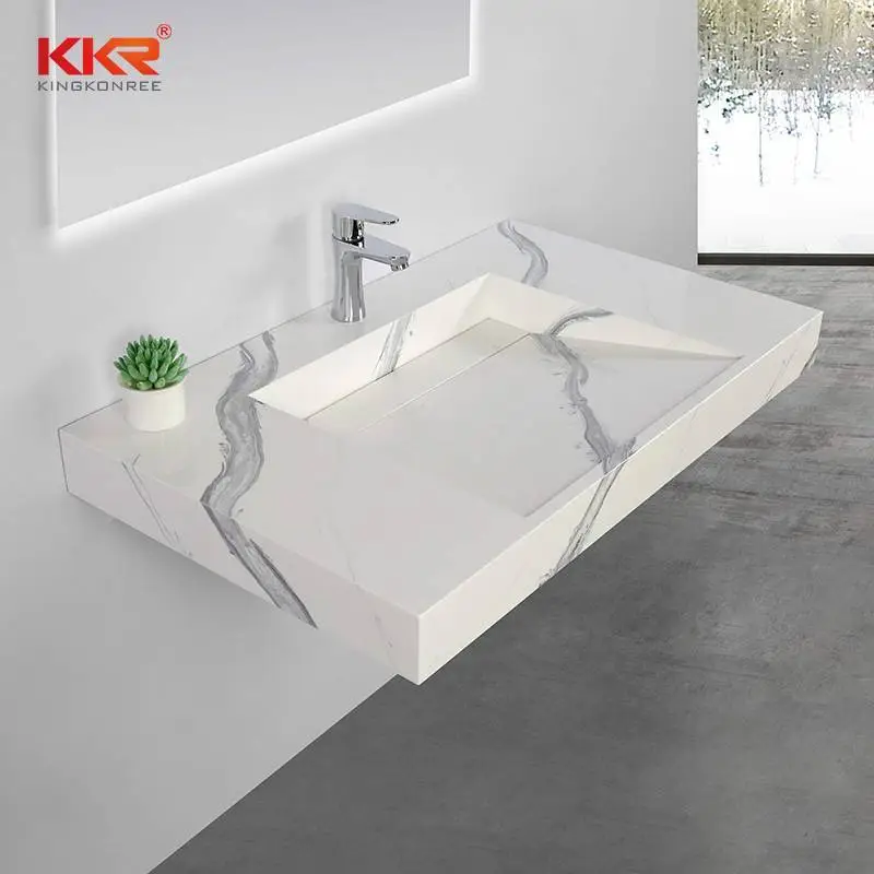 حوض غسيل الحجر الاصطناعي ماتي الحجر الأبيض مستطيلة بالوعة قطعة واحدة حوض حجر الحمام KKR-M8819 1