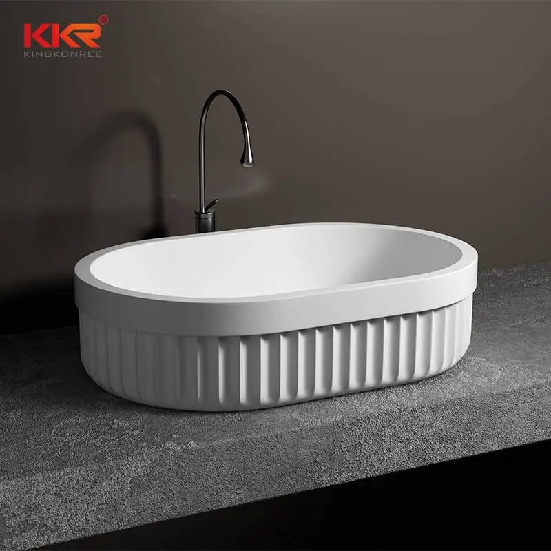 Bassin d'art de salle de bains en forme rayée, Design de luxe, Surface solide, évier blanc KKR-2113 1