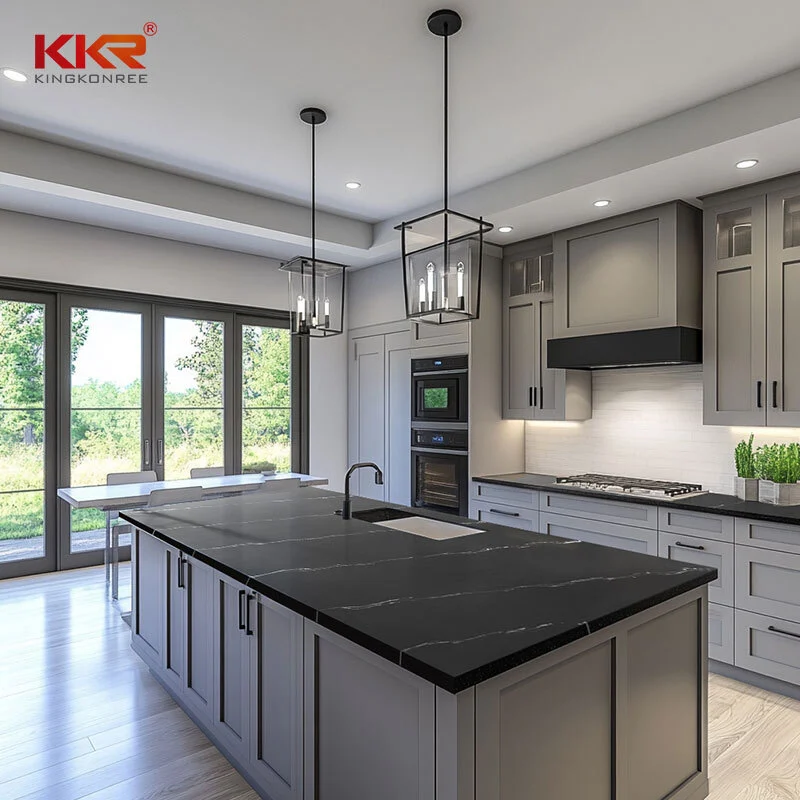 China Manufacturer Modern Wooden Custom Black Artificial Stone Kitchen Countertop KKR-M8860 1