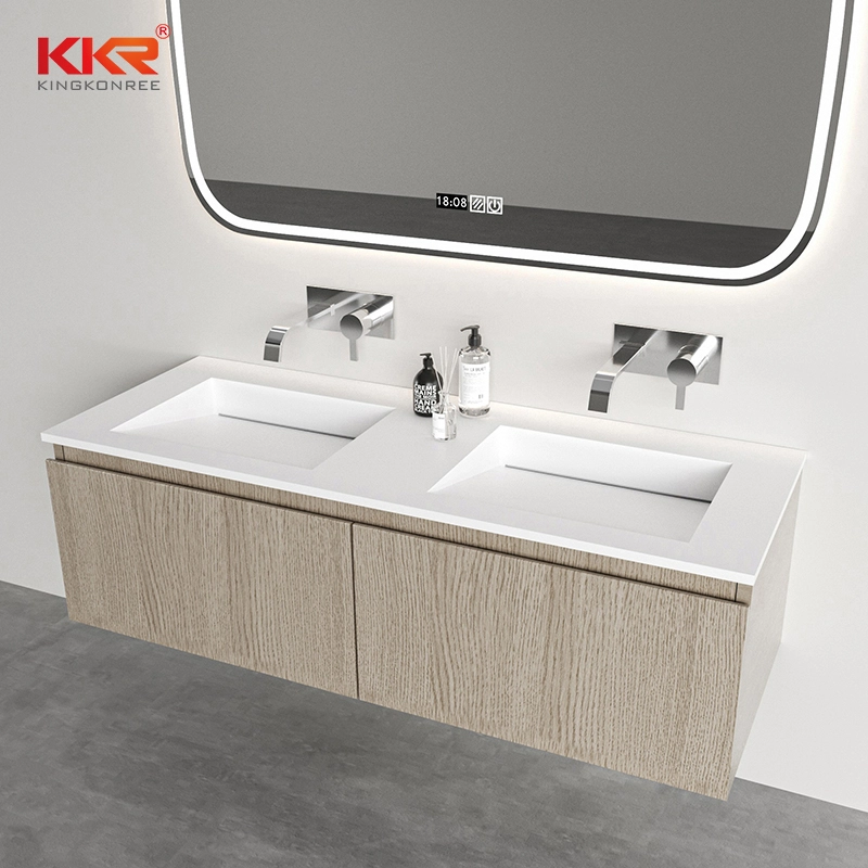 Double-Basin Solid Surface Vanity Sink With 15mm Thin Rim and Wood Cabinet Base by KingKonree 1