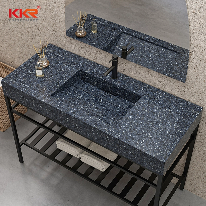 Terrazzo Solid Surface Bathroom Vanity with Integrated Sink & Metal Frame Modern Hotel & Residential Wash Basin Console 1