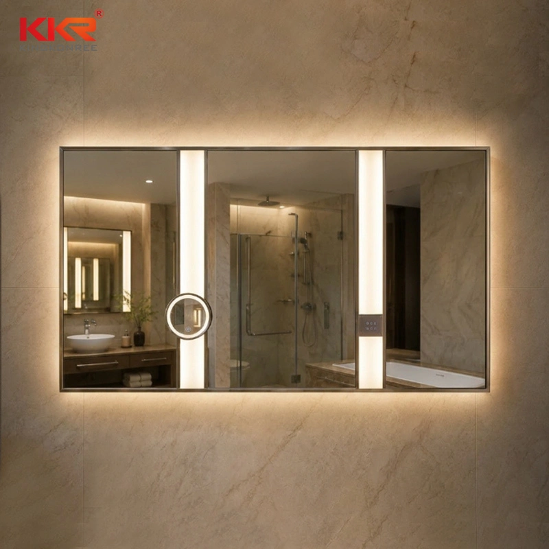 Espelho de banheiro de luxo com LED, função antiembaçante e controle por toque, estilo hotel, para montagem na parede. 1