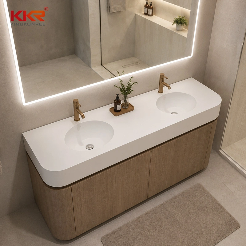 High-End Bathroom Vanity Set Curved Wood Cabinet Durable Non-Porous Top LED Backlit Mirror 1